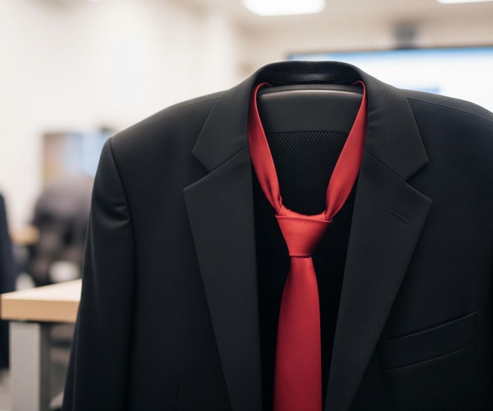 Czarna marynarka wisi na oparciu czarnego krzesła biurowego z siatkowym wykończeniem. Wokół szyi marynarki owiązany jest jaskrawoczerwony krawat. Tło jest rozmyte, ukazując jaśniejsze pomieszczenie z meblami biurowymi i białym ekranem monitora.