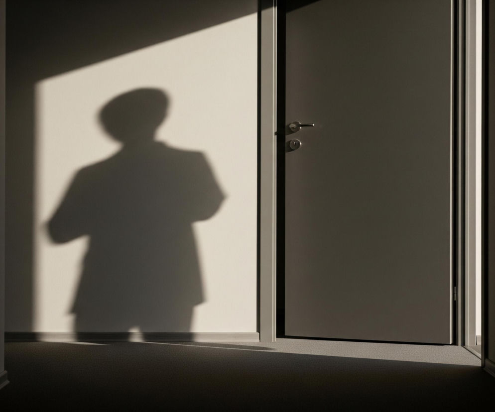 Cień osoby w garniturze pada na jasną ścianę w korytarzu. Na prawo od cienia widoczne są otwarte drzwi w kolorze ciemnoszarym, z widoczną metalową klamką i zamkiem. Część korytarza na lewo od ściany i na prawo od drzwi jest znacznie ciemniejsza, tworząc kontrast z oświetlonym fragmentem. Światło słoneczne pada z górnego lewego rogu, rzucając wydłużony cień osoby i oświetlając fragment podłogi.