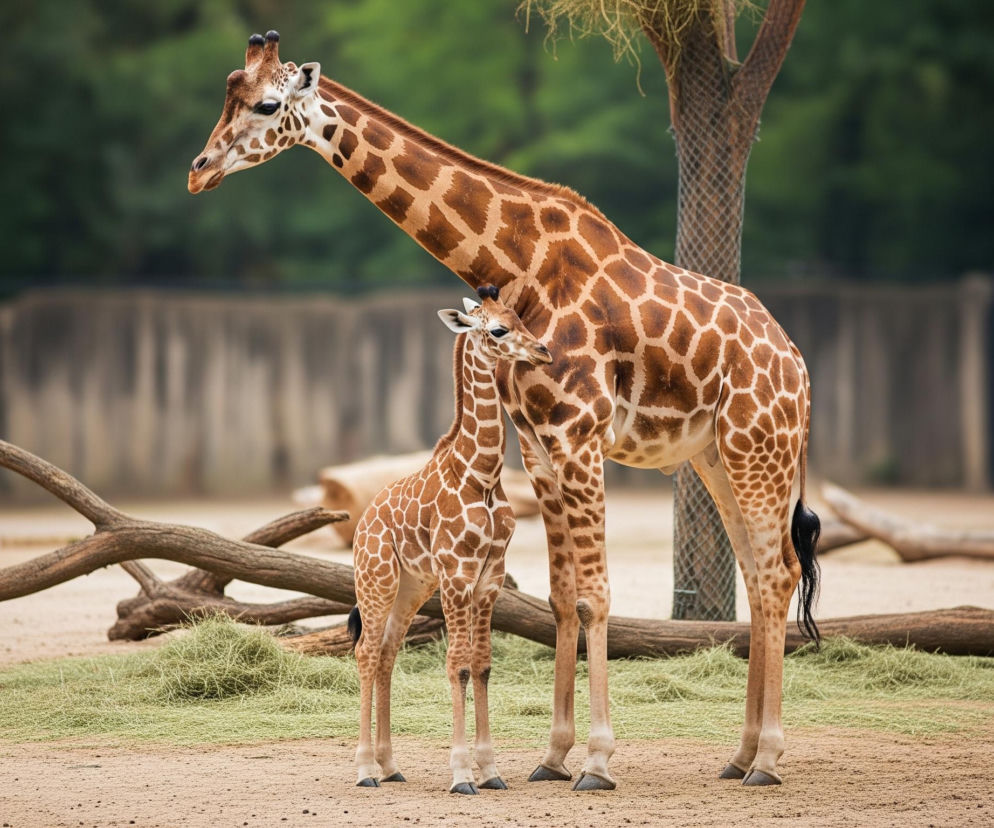 W centrum kadru stoją dwie żyrafy, dorosła i mała, z charakterystycznym brązowo-białym cętkowanym umaszczeniem. Dorosła żyrafa ma długą szyję i patrzy w lewo, natomiast młode zwierzę znajduje się pod jej klatką piersiową i odwraca głowę w stronę matki. Tło stanowi rozmyta zieleń drzew i krzewów, a także fragmenty brązowego ogrodzenia lub ściany. Podłoże to piaszczysta ziemia z rozrzuconymi suchymi gałęziami i kępkami siana, a po prawej stronie widać fragment pnia drzewa lub słupa.
