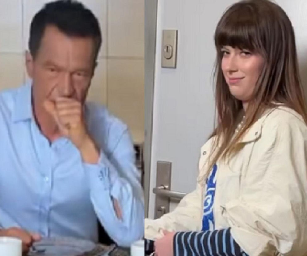 Michał Żebrowski jako Falkowicz w jasnoniebieskiej koszuli z zamyśloną miną, oraz Amelia Czaja jako Matylda w jasnej kurtce i bluzce w paski z tajemniczym uśmiechem, w kadrze dzielonym. Artykuł o serialu Na dobre i na złe i zaskakującym powrocie Matyldy znajdziesz na Super Seriale.