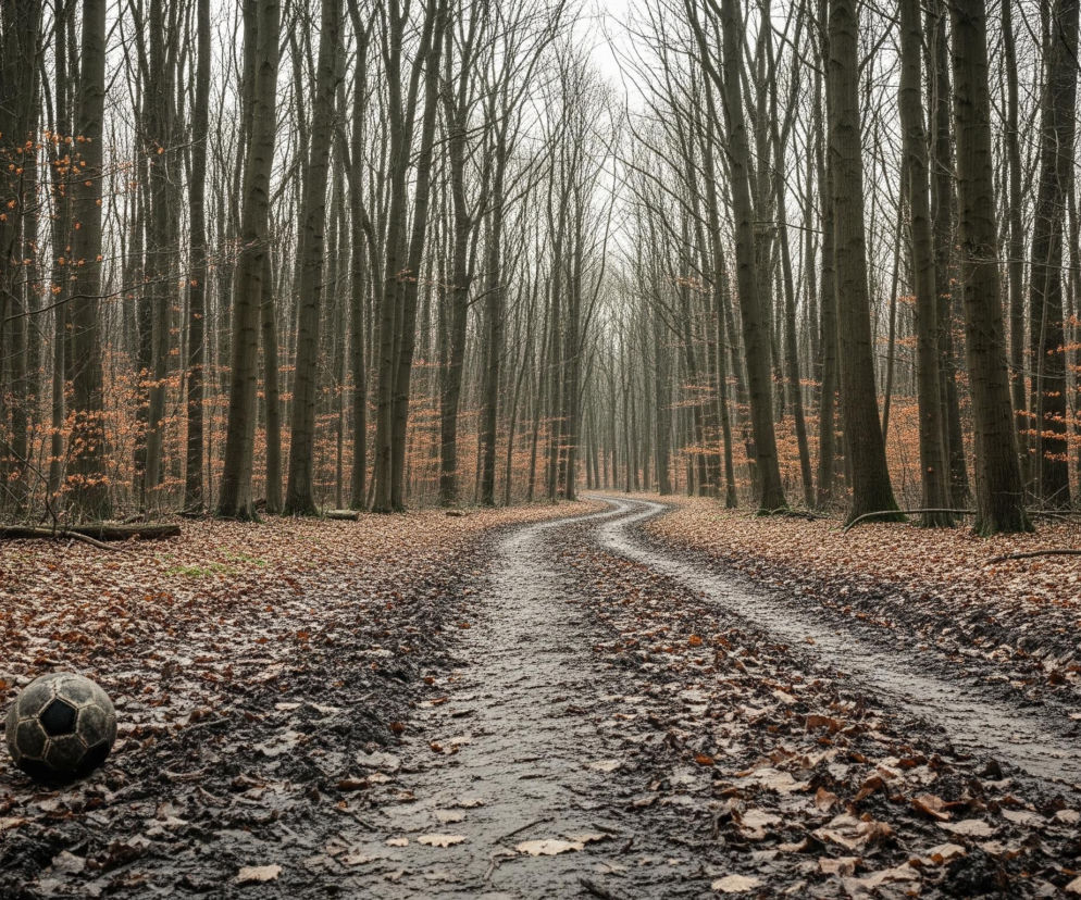 Na obrazie widoczna jest leśna ścieżka otoczona drzewami, biegnąca w głąb kadru. Ścieżka jest błotnista, z widocznymi śladami kół, i wije się lekko w prawo w oddali. Po obu stronach ścieżki oraz na niej leży gruba warstwa suchych, brązowo-pomarańczowych liści. W lewym dolnym rogu, wśród liści, leży stara, zabłocona piłka futbolowa w czarno-białe łaty. Drzewa mają smukłe, wysokie pnie o szarej i ciemnobrązowej korze, większość z nich pozbawiona jest liści, z wyjątkiem nielicznych gałęzi z pomarańczowymi listkami. Horyzont jest jasny, szary i zamglony.
