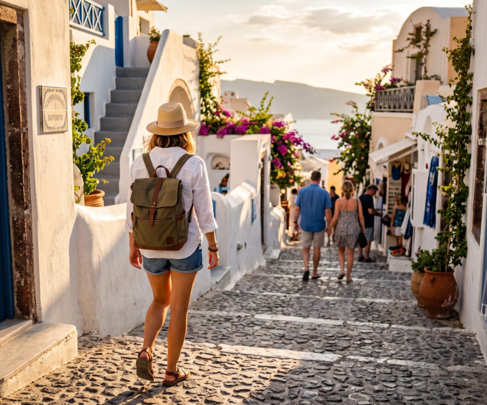 Turystka idzie wąską, brukowaną uliczką na Santorini. O autentycznych pamiątkach z wyspy przeczytasz na PoradyPlus.