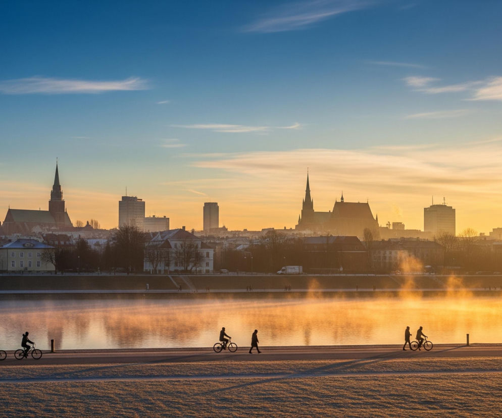 Panoramę miejską z rzeką na pierwszym planie przecina linia horyzontu, dzieląc kadr na dwa obszary kolorystyczne. Poniżej dominują ciepłe barwy złocisto-pomarańczowe, gdzie widać rzekę pokrytą delikatną mgiełką oraz brzeg, na którym poruszają się ludzie na rowerach i piesi, widoczni jako czarne sylwetki rzucające długie cienie w kierunku obserwatora. Powyżej znajduje się miasto z licznymi budynkami, w tym charakterystycznymi wieżami kościołów, skąpane w tym samym ciepłym, złocistym świetle, a nad nim rozciąga się niebo przechodzące od jasnego pomarańczu przy horyzoncie do intensywnego błękitu w górnej części. Na niebie widać kilka cienkich, rozmytych chmur.