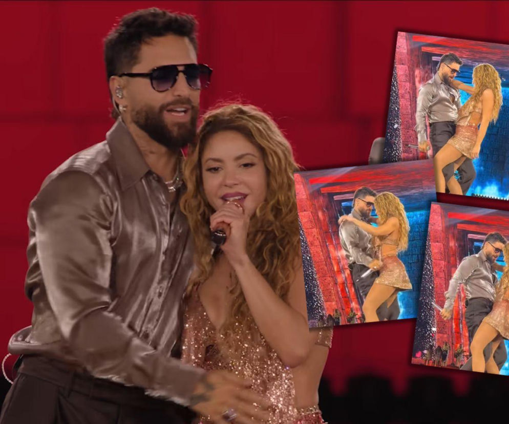 Shakira i Maluma śpiewają na scenie. Obok miniatury z ich tańca. O występie w Madrycie przeczytasz w serwisie Eska.