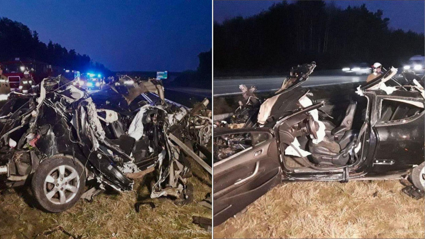 Dramat na A1. Osobówka zmiażdżona jak metalowa puszka, 26-letni kierowca walczy o życie