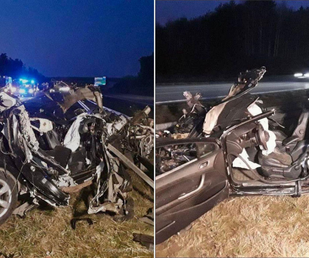 Koszmarny wypadek na autostradzie A1 pod Łodzią. Z Peugeota została miazga, 26-latek w ciężkim stanie