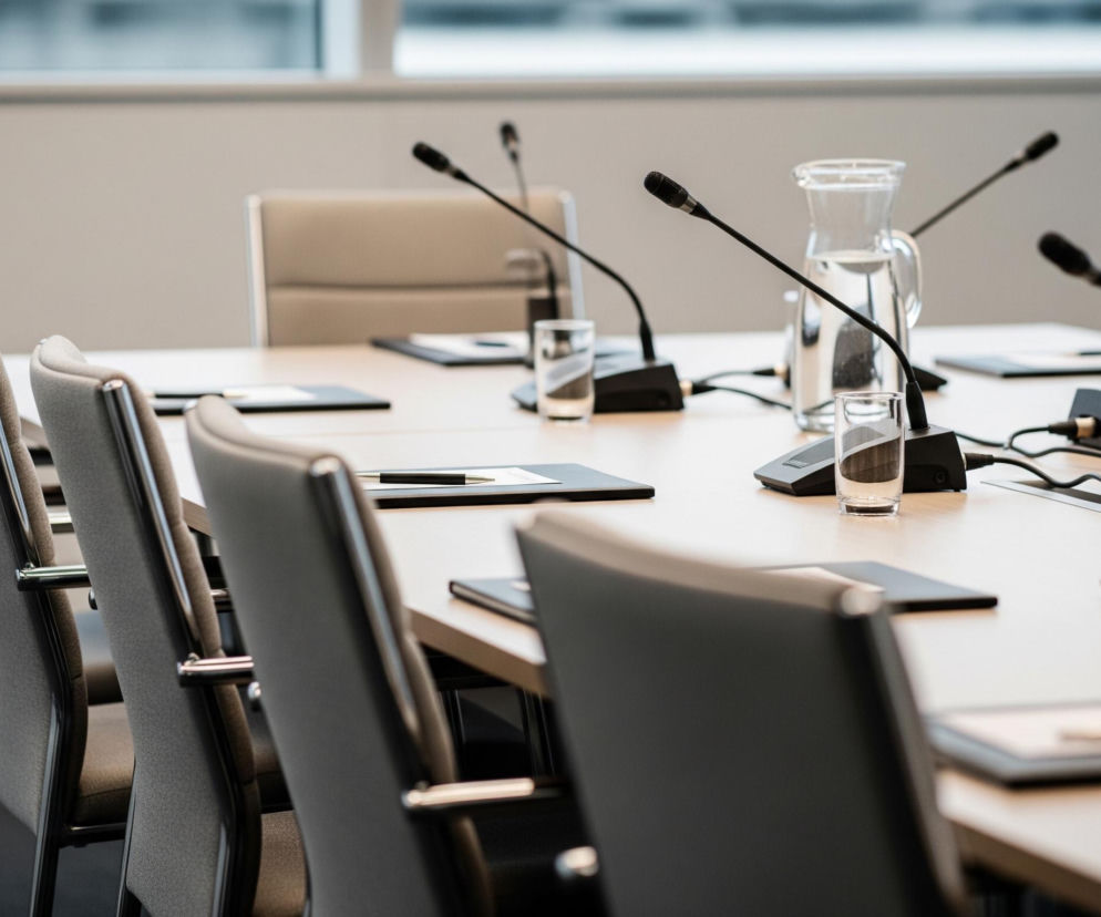 Stół konferencyjny w jasnym, minimalistycznym pomieszczeniu. Dookoła stołu stoją szare krzesła z metalowymi elementami, z czego pięć znajduje się na pierwszym planie, ułożonych po lewej stronie kadru. Na blacie stołu rozmieszczone są czarne podstawki z długimi, cienkimi mikrofonami, obok których stoją szklanki z wodą oraz karafka z wodą na środku. Dodatkowo na stole leżą czarne podkładki z długopisami, sugerując gotowość do spotkania. W tle widać okno z rozmazanym widokiem na zewnątrz.