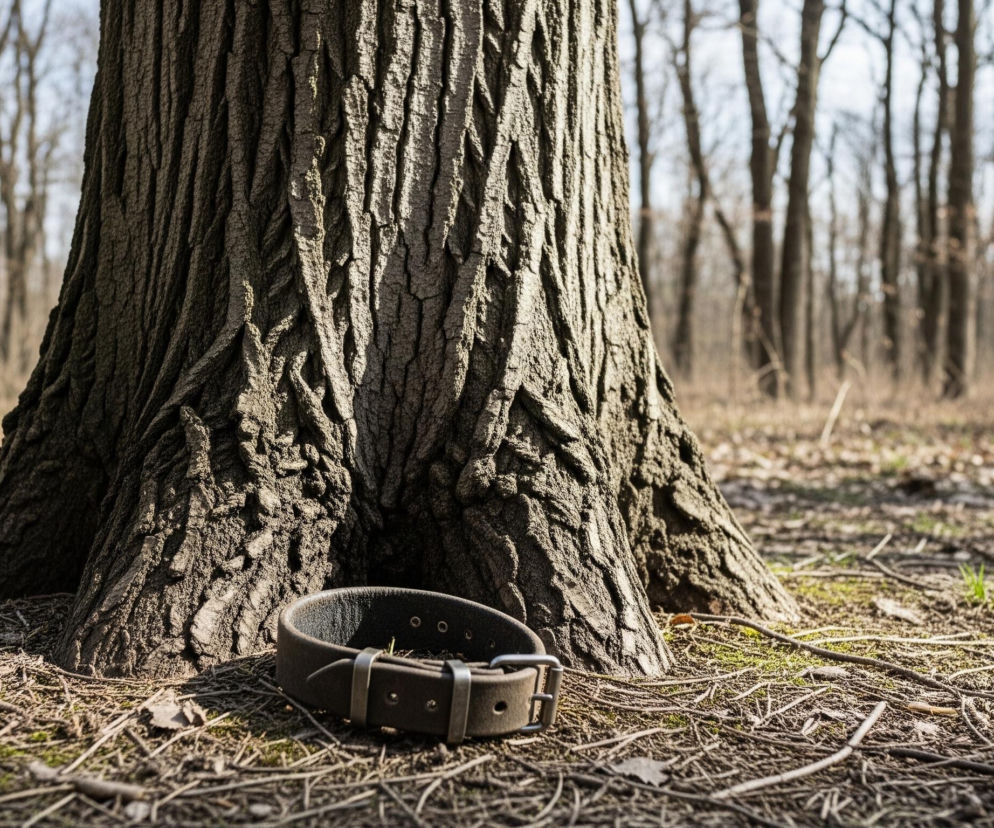 Na pierwszym planie widoczny jest gruby pień drzewa o ciemnobrązowej, popękanej korze, u podstawy którego leży ciemny, brązowy obroża z metalową sprzączką i oczkami. Obroża jest zwinięta w okrąg i umieszczona na suchej, liściastej ziemi. Tło stanowi las z licznymi, smukłymi drzewami o nagich gałęziach, rozciągającymi się w oddali pod jasnym, nieco rozmytym niebem.