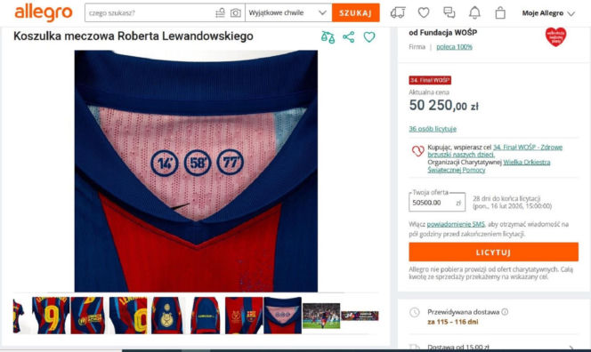 Cenna pamiątka Roberta Lewandowskiego na aukcji WOŚP. Cena licytacji robi wrażenie