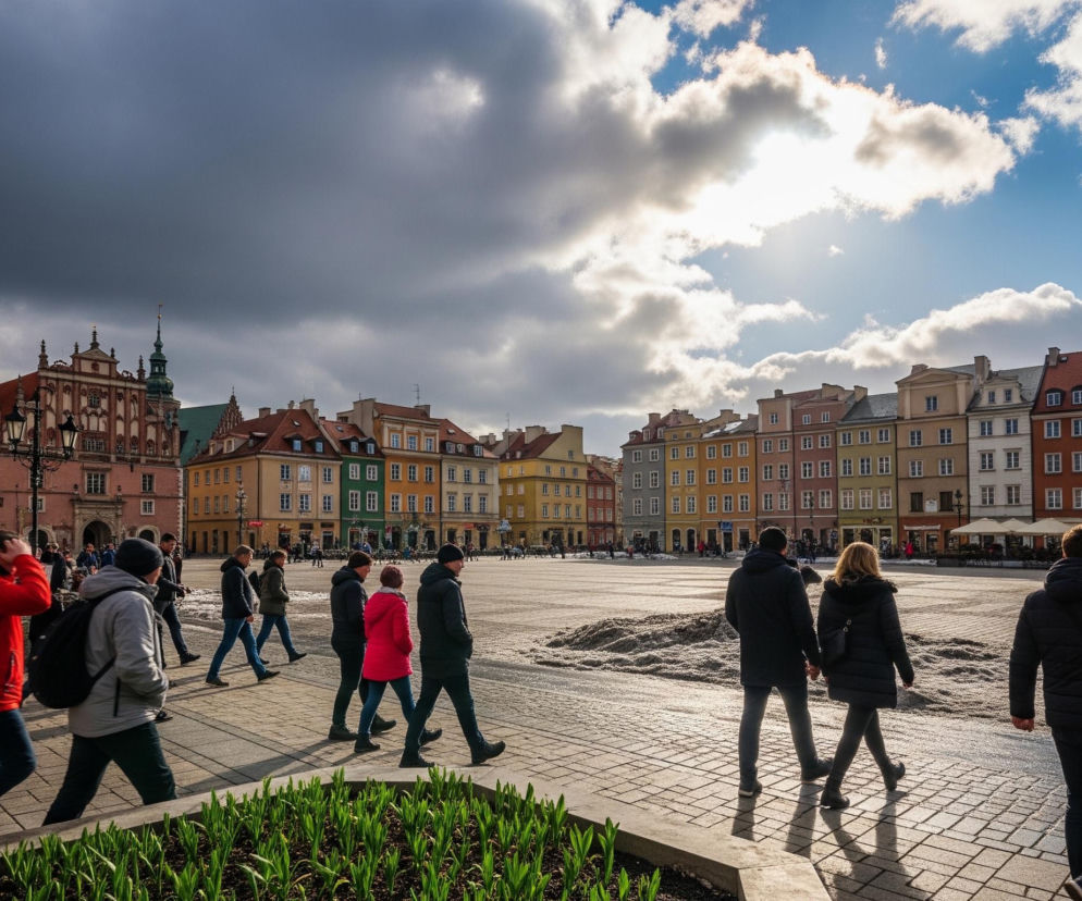 Rozległy plac wybrukowany jasną kostką brukową jest wypełniony przechodniami w odzieży zimowej, na pierwszym planie widoczne są młode zielone rośliny w podłużnej donicy. W tle dominuje pierzeja kolorowych kamienic o różnych wysokościach i architekturze, z ceglanymi dachami i licznymi oknami, niektóre z nich posiadają charakterystyczne wieże z iglicami. Nad budynkami rozciąga się niebo częściowo pokryte ciemnymi chmurami, z których po prawej stronie wyłania się intensywne słońce, rzucając długie cienie na bruk.