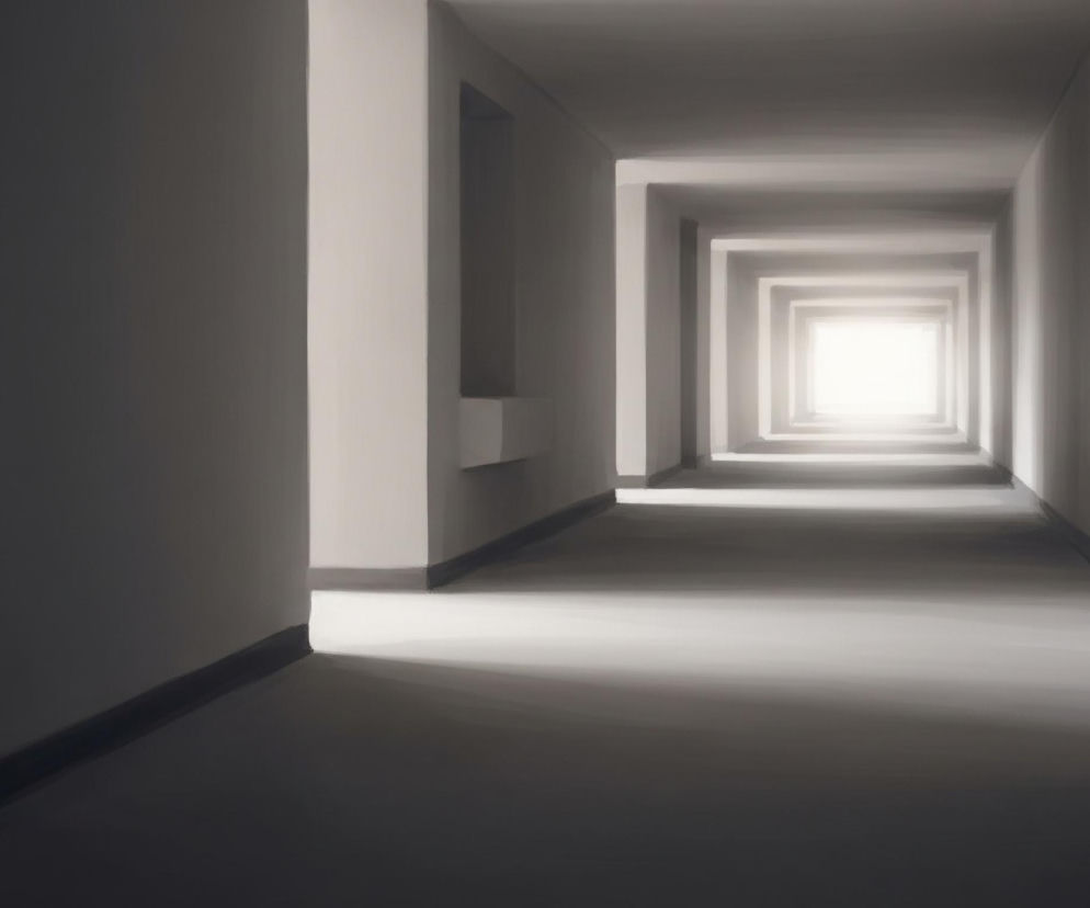 Długi, prosty korytarz z perspektywą zbieżną. Ściany, sufit i podłoga korytarza są w odcieniach szarości, od ciemnych po bardzo jasne. W oddali widoczne jest intensywne, białe światło, które stopniowo rozjaśnia podłogę i ściany w miarę zbliżania się do jego źródła, tworząc wyraźny gradient świetlny. Po lewej stronie korytarza, w bliskiej odległości, widoczna jest ciemna ściana, a dalej, po prawej stronie, jasne elementy architektoniczne i wgłębienie w ścianie.