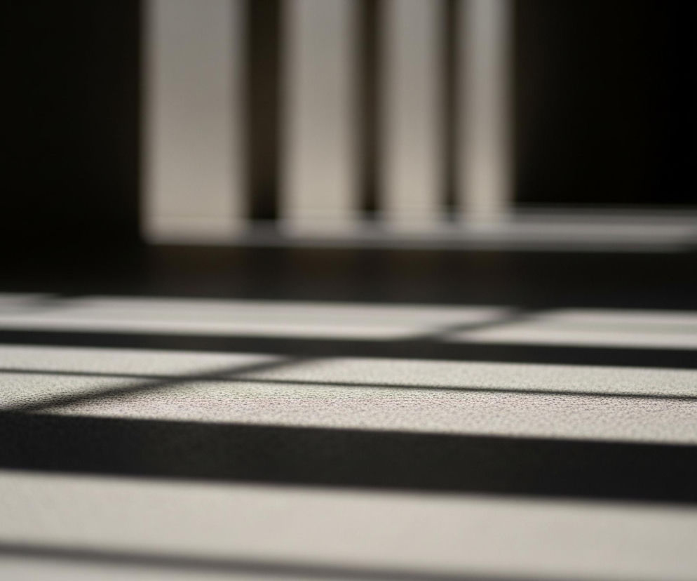 Pierwszy plan przedstawia teksturowaną, jasnoszarą powierzchnię, na którą padają równoległe, ciemne cienie o różnych szerokościach, tworzące poziome pasy. Ostrość skupia się na tej powierzchni, ukazując jej delikatną fakturę. W tle widoczne są rozmyte, pionowe smugi światła i cienia, przypominające paski rolety lub żaluzji, rzucające się na odległą powierzchnię, być może ścianę. Całość kompozycji opiera się na kontraście światła i cienia oraz na geometrycznych kształtach.