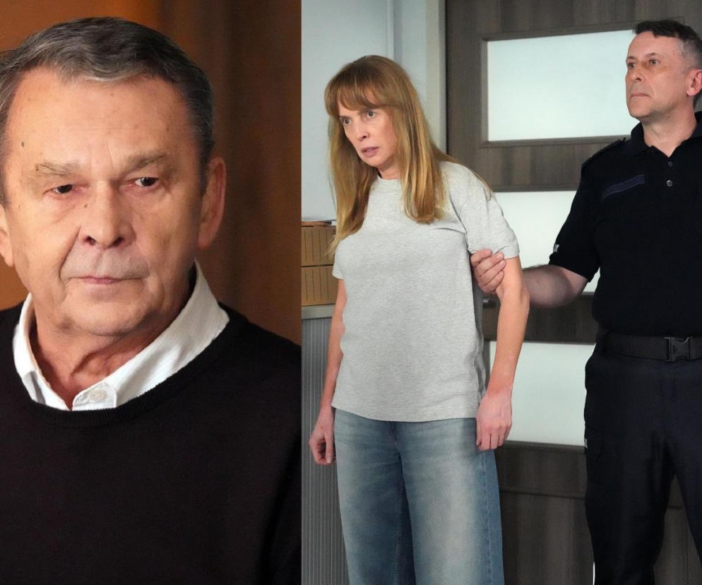 Czesław (Marian Jaskulski) i aresztowana Agnieszka (Katarzyna Tlałka) z policjantem, na zdjęciu Czesław w czarnym swetrze i białej koszuli oraz Agnieszka w szarym T-shircie i jeansach prowadzona przez funkcjonariusza, ilustrujący dramatyczne wydarzenia z Barw szczęścia, o których przeczytasz na portalu Super Seriale.