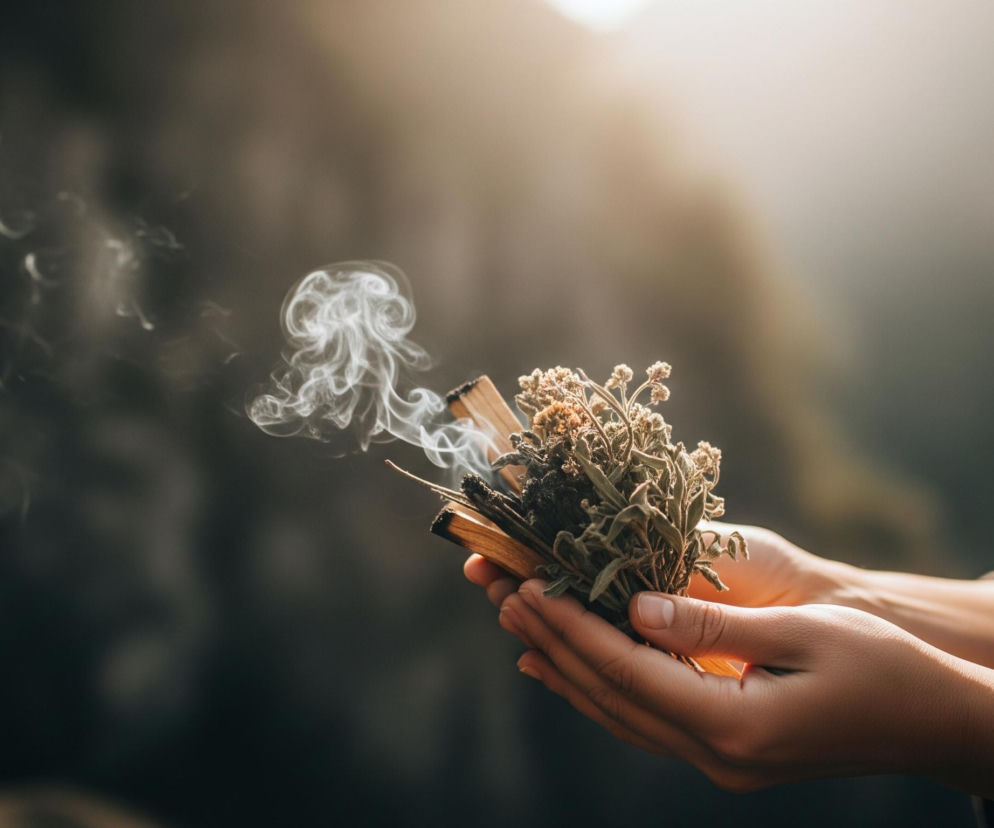 Dłonie trzymają pęk suszonych ziół i drewnianych patyczków, z których unosi się biały dym. Dym wiruje w lewej części kadru, tworząc skomplikowane kształty. Prawe ramię osoby jest częściowo widoczne, nosząc sweter w odcieniach brązu, szarości i błękitu. Tło jest rozmyte, ciemne u dołu i jaśniejsze, zamglone, u góry po prawej stronie.