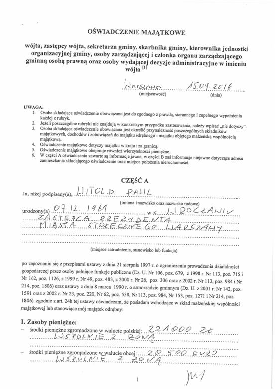 Oświadczenie majątkowe Witolda Pahla