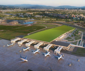 Wizualizacja terminala lotniska we Florencji z winnicą na dachu według projektu architekta Rafaela_Vinoly