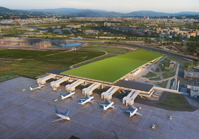 Wizualizacja terminala lotniska we Florencji z winnicą na dachu według projektu architekta Rafaela_Vinoly