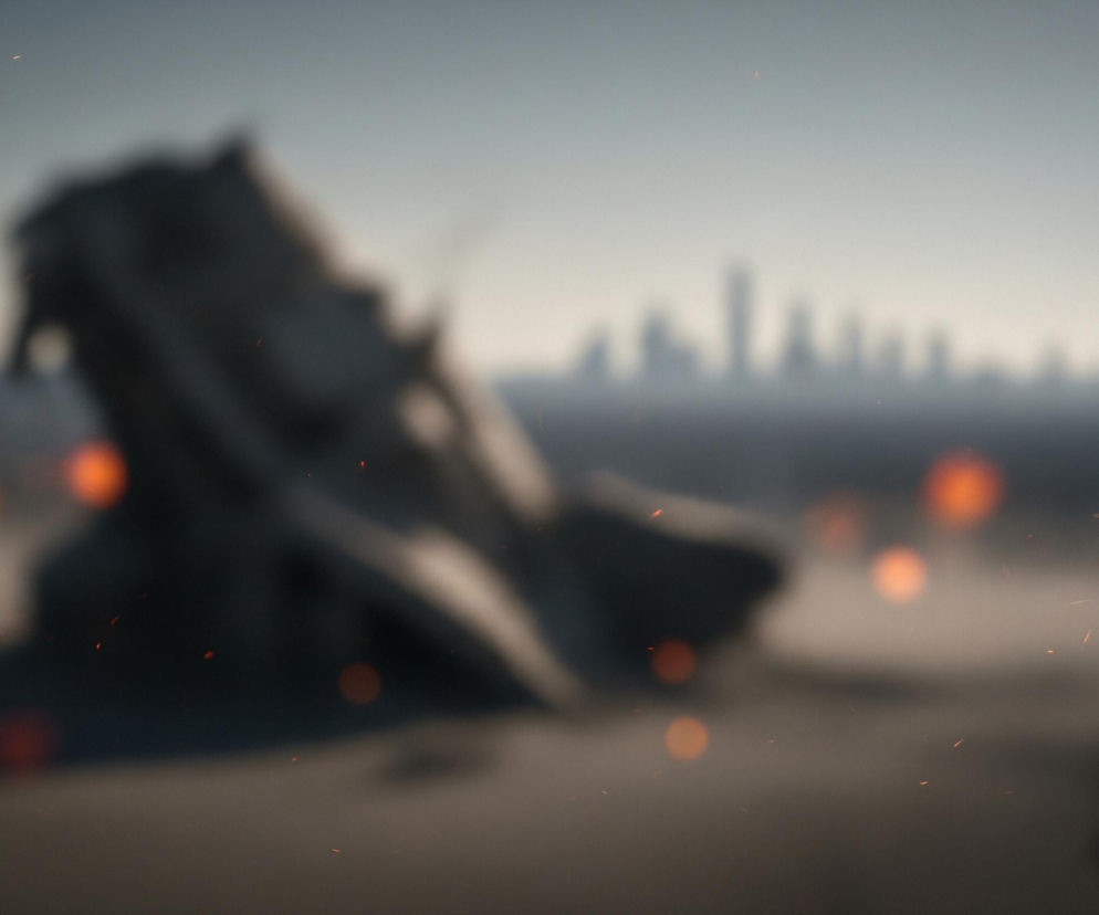 Na pierwszym planie, z lewej strony, widać rozmyty, szarobrązowy obiekt o nieregularnym kształcie, przypominający zniszczoną konstrukcję. Podłoże jest jednolite, w odcieniach beżu i szarości. Wokół tego obiektu oraz w całej dolnej części kadru unoszą się liczne, małe, jasnoczerwone iskry. Nieco dalej, w środkowej części, w tle, widoczne są duże, okrągłe, pomarańczowe plamy światła, a za nimi rozmyte, ciemnoszare sylwetki. Na horyzoncie zarysowuje się niewyraźna panorama miasta z kilkoma wysokimi budynkami, a nad nią rozpościera się jasne, szarobłękitne niebo.