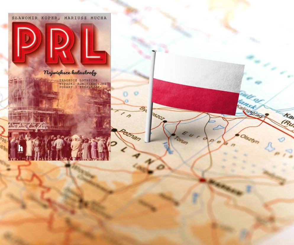 Mapa Polski z biało-czerwoną flagą. Obok miniatura okładki książki o katastrofach w PRL. Więcej w serwisie SE.