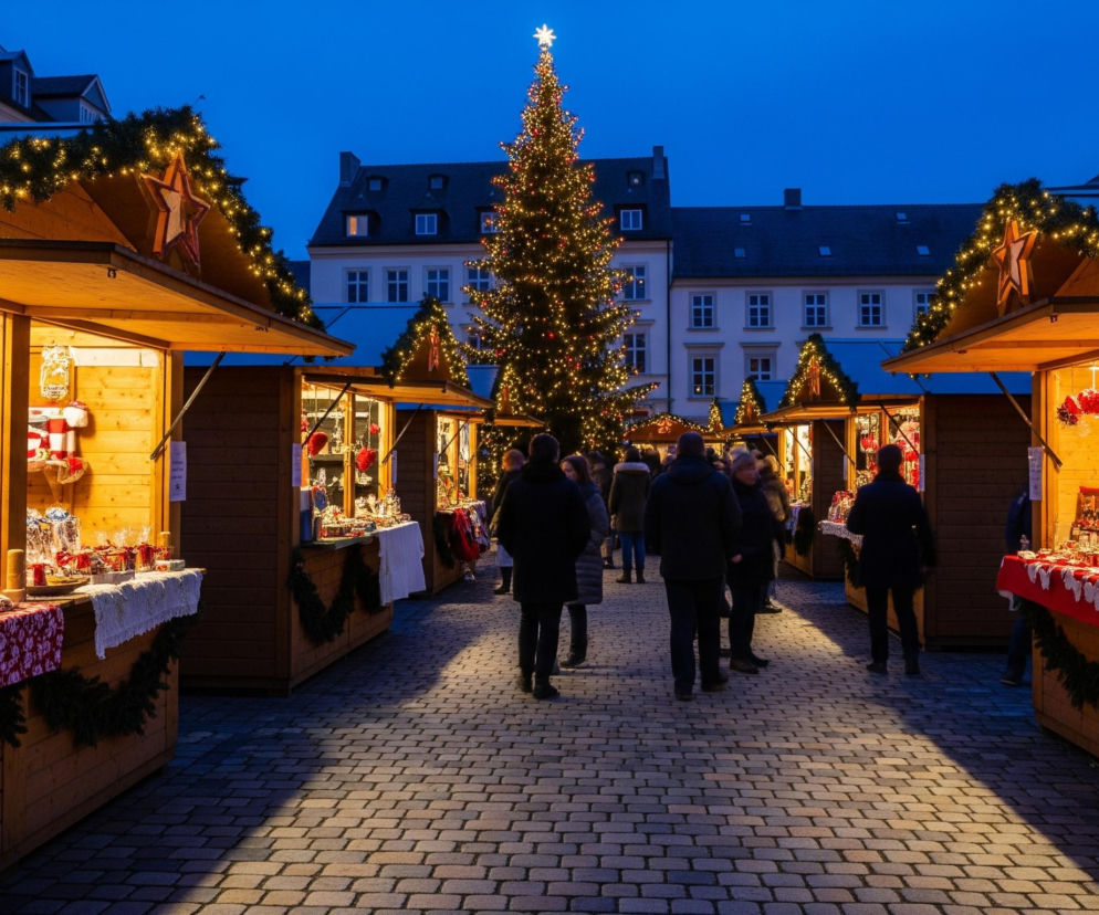 Centralnym punktem obrazu jest wysoka, udekorowana choinka, oświetlona licznymi, małymi lampkami w kolorach czerwonym i pomarańczowym, z dużą, jasną gwiazdą na szczycie. Wokół choinki rozciąga się brukowany plac, na którym ustawione są drewniane, jasnobrązowe stragany, dekorowane zielonymi girlandami z lampkami. Stragany są otwarte, ukazując różnorodne świąteczne towary, takie jak pakowane prezenty, ozdoby w kształcie gwiazd i inne dekoracje. Między straganami przemieszczają się ludzie ubrani w zimowe kurtki, a tło stanowią szare budynki z białymi oknami, widoczne pod ciemnoniebieskim, wieczornym niebem.