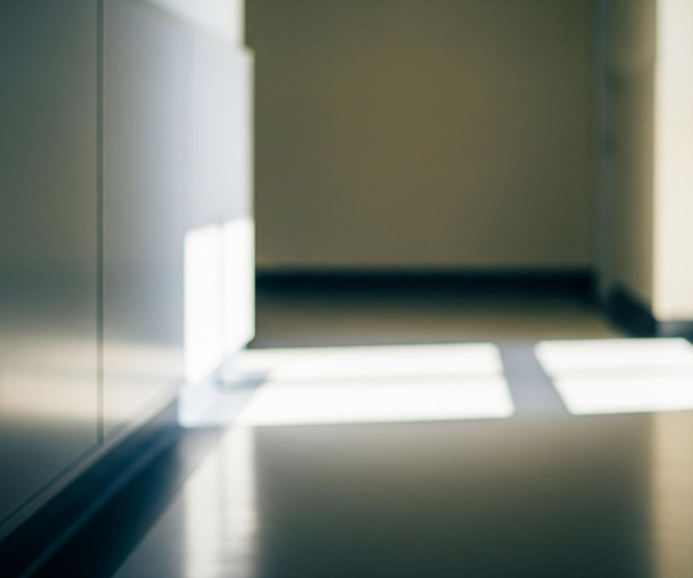 Rozmyte, długie pomieszczenie lub korytarz, oświetlone światłem dziennym wpadającym z prawej strony. Dominują odcienie szarości i beżu, z wyraźnymi kontrastami między jasnymi i ciemnymi obszarami. Na lewej ścianie widoczne są bliki światła, a na ciemnej, błyszczącej podłodze odbijają się jasne prostokątne kształty okien lub otworów, tworząc cienie. Pomieszczenie stopniowo ciemnieje w oddali, stając się coraz mniej wyraźne.