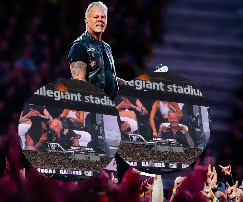James Hetfield na koncercie. Na miniaturach obok widać go na telebimie podczas meczu. Więcej o muzyku na EskaRock.