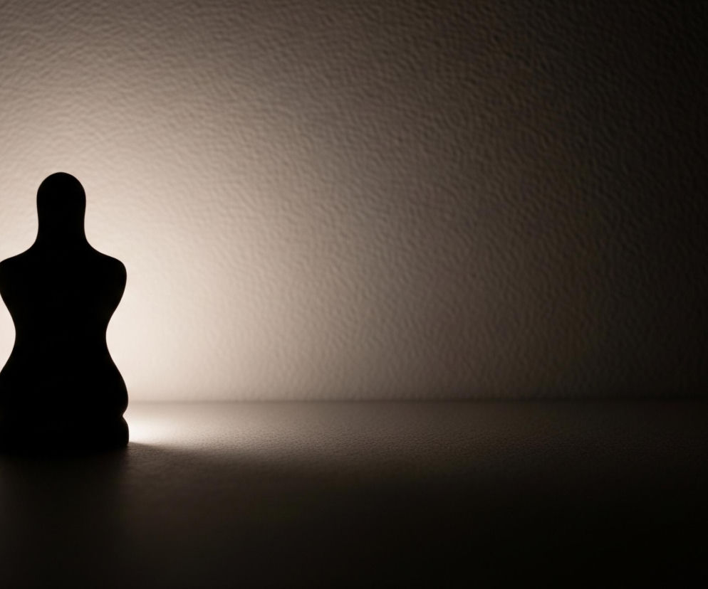 Czarny, bezkształtny obiekt przypominający sylwetkę osoby siedzącej z podkulonymi nogami znajduje się na środku kadru, na ciemnym, teksturowanym podłożu. Obiekt jest oświetlony od tyłu przez jasne, ciepłe światło, które rozjaśnia ścianę za nim i tworzy delikatną poświatę wokół jego konturów. Prawa strona obrazu, zarówno ściana, jak i podłoże, zanika w głębokiej czerni, podkreślając kontrast między jasnym tłem a ciemną sylwetką.