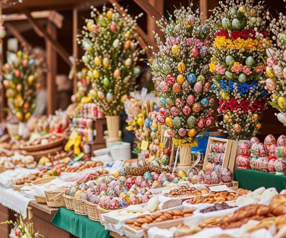 Długi, drewniany stragan, pokryty tkaniną w kolorze zielonym i białym, zapełniony jest różnorodnymi produktami. Na pierwszym planie, po prawej stronie, ułożone są stosy świeżego pieczywa w koszach, obok koszy wiklinowych wypełnionych mnóstwem ozdobnych pisanek. Dalej, po lewej, rozciąga się ekspozycja podobnych produktów, z licznymi plecionymi koszami pełnymi barwnych jajek i innych świątecznych dekoracji. Nad straganem wznoszą się duże, dekoracyjne bukiety gałązek wierzbowych, ozdobione licznymi, kolorowymi jajkami oraz sztucznymi kwiatami w odcieniach czerwieni, żółci i błękitu, tworząc tło dla świątecznej atmosfery.