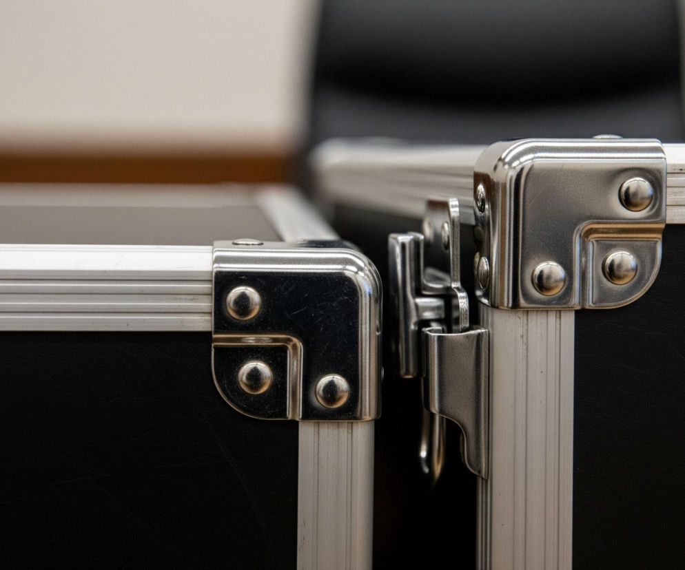 Zbliżenie przedstawia dwa czarne futerały lub skrzynie, prawdopodobnie sprzętowe, z widocznymi metalowymi okuciami i zatrzaskiem. Dominują kolory czarny i srebrny, a tło jest rozmyte, ukazując jasną ścianę i ciemne elementy wyposażenia. Futerały mają fakturę imitującą skórę i metalowe listwy na krawędziach.