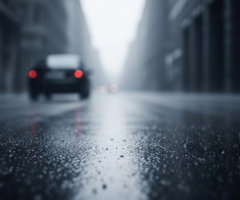 Mokry asfalt ulicy miejskiej pokryty jest kroplami deszczu, które odbijają światło, tworząc refleksy. W tle, rozmyty czarny samochód z czerwonymi światłami tylnymi oddala się w kierunku zamglonego horyzontu. Po obu stronach drogi widać rozmyte, ciemne sylwetki budynków, potęgujące wrażenie mglistej i deszczowej pogody. Na pierwszym planie widoczne są pojedyncze smugi deszczu spadającego na powierzchnię jezdni.