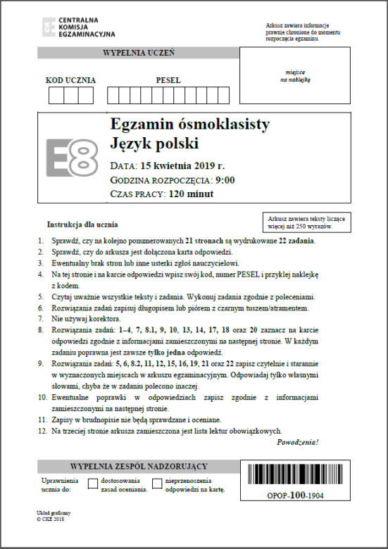 Egzamin ósmoklasisty 2019 - Arkusze Język Polski