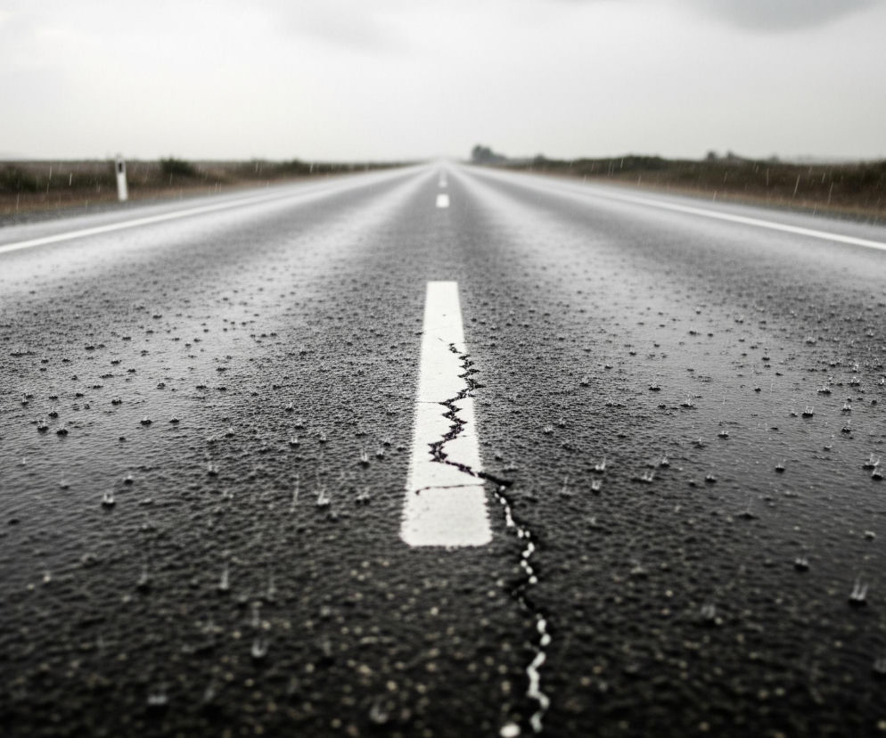 Asfaltowa droga rozciąga się w głąb obrazu, pokryta licznymi kroplami deszczu, które tworzą drobne kręgi na mokrej powierzchni. Pośrodku jezdni biegnie biała, przerywana linia, która w dolnej części jest popękana i rozmyta przez wodę. Po obu stronach drogi widać ciemne pobocze z niską roślinnością, a w oddali, pod zachmurzonym, szarym niebem, zarysowują się niewyraźne sylwetki drzew lub innych obiektów.