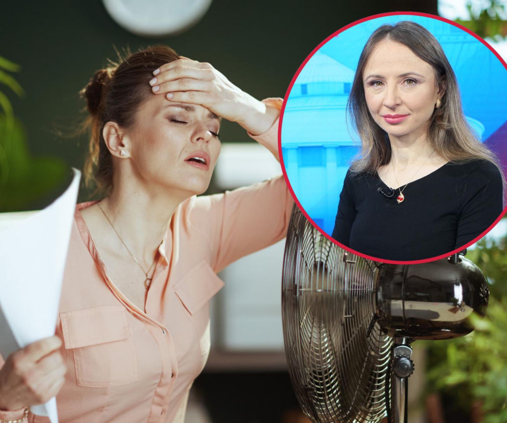 Kolaż kobiety cierpiącej z powodu upału, wachlującej się kartkami, z wentylatorem obok, oraz Agnieszki Dziemianowicz-Bąk, minister rodziny, pracy i polityki społecznej. Dowiedz się o nowych przepisach dotyczących pracy w upały na portalu Super Biznes.