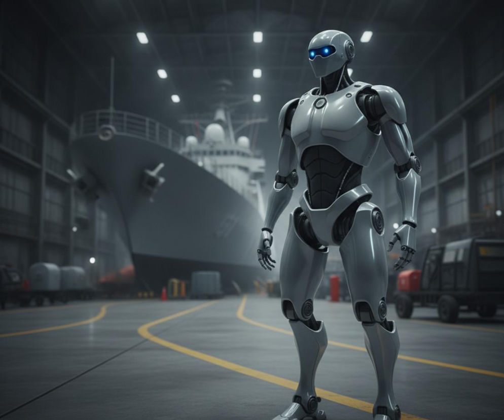 Srebrny robot humanoidalny w hangarze Marynarki Wojennej. O ryzyku wycieku danych przeczytasz na SE Polityka.