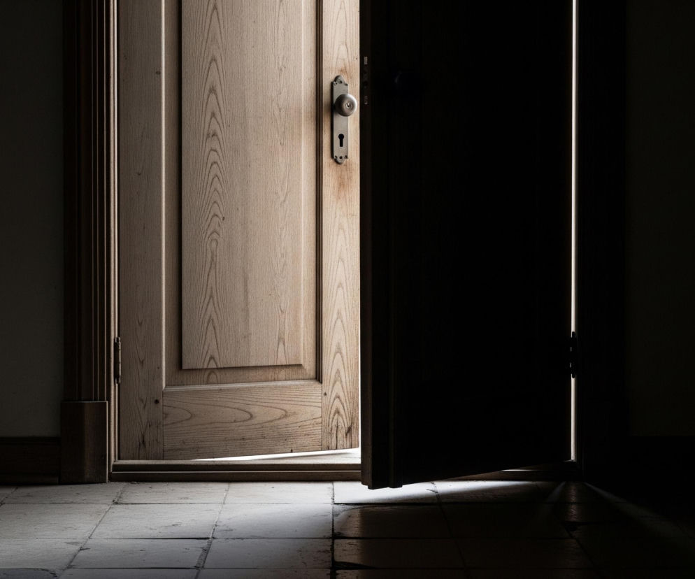 Na zdjęciu widoczne są otwarte, drewniane drzwi w ciemnym pomieszczeniu. Jasne, pionowe pasmo światła przechodzi przez szczelinę między ościeżnicą a skrzydłem drzwi po prawej stronie, oświetlając fragment podłogi z płytkami u dołu. Po lewej stronie, wewnętrzna powierzchnia otwartych drzwi jest jaśniejsza, z widocznym usłojeniem drewna i metalową klamką, podczas gdy pozostała część kadru tonie w głębokim cieniu, jedynie zarys ściany i listwy przypodłogowej jest ledwo widoczny.