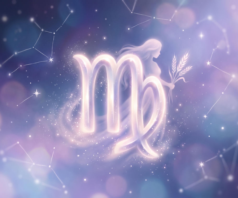 Świecący symbol Panny na tle gwiazd i sylwetki kobiety z kłosami. O horoskopie dla Panny przeczytasz w Eska.