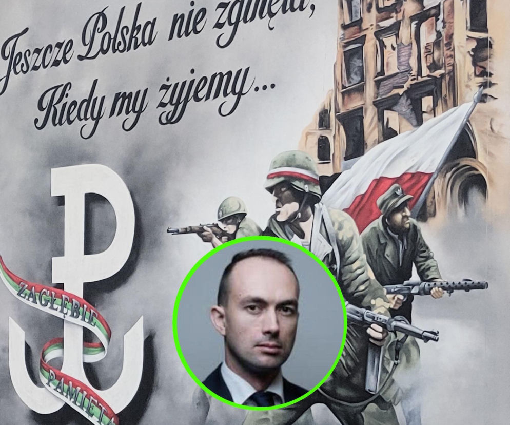 Mural z powstańcami i znakiem Polski Walczącej. Na miniaturze prof. Damian Markowski. O historii w SE Portal Obronny.