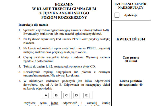EGZAMIN GIMNAZJALNY 2014 JĘZYK ANGIELSKI - ARKUSZE z CKE poziom ROZSZERZONY