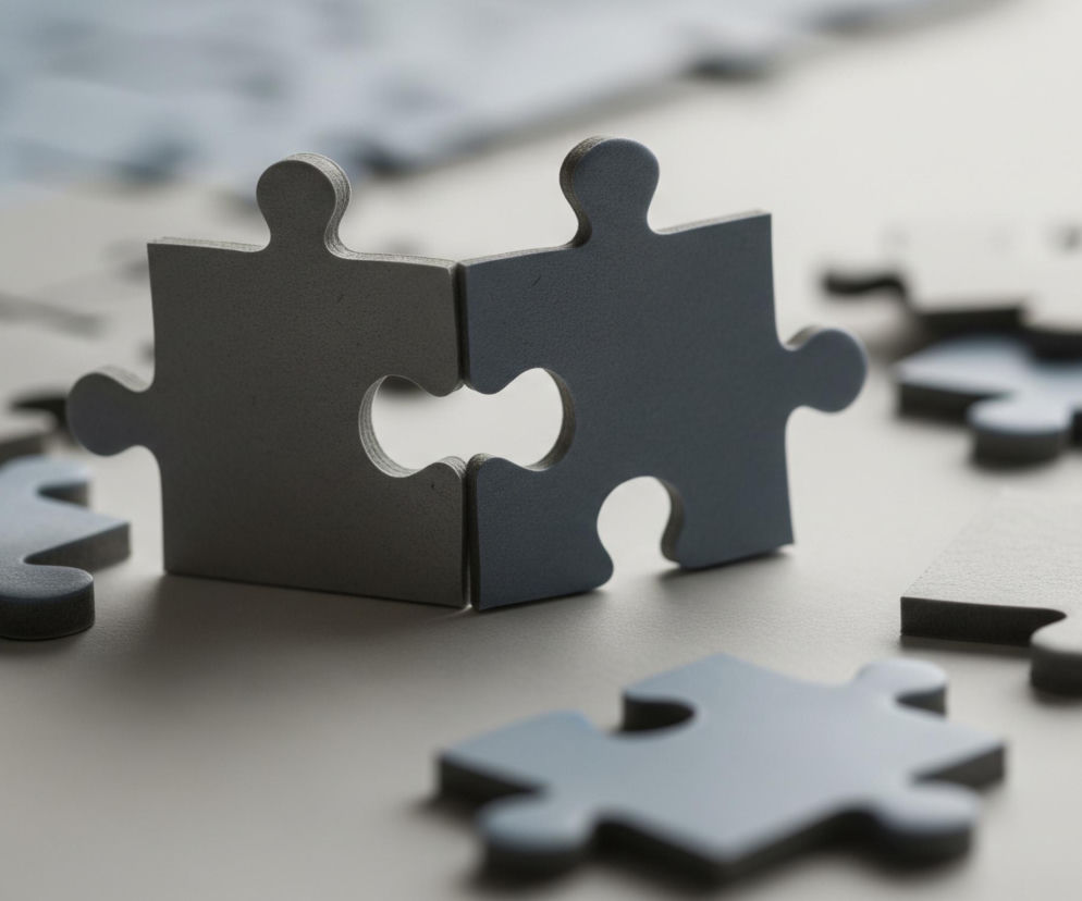 Dwa pionowo stojące elementy puzzli, jeden w kolorze ciemnoszarym, a drugi w jasnoniebieskim, są ze sobą połączone na środku kadru. Posiadają one charakterystyczne wypustki i wcięcia. Wokół nich, na jasnej, gładkiej powierzchni, rozrzucone są inne, płaskie elementy puzzli w podobnych odcieniach szarości i błękitu, niektóre z nich są częściowo połączone. Tło jest rozmyte, z widocznymi zarysami kolejnych elementów.