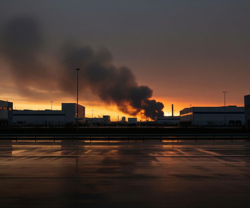 Dym wznosi się zza horyzontu nad horyzontalnymi budynkami przemysłowymi, tworząc gęstą, ciemnoszarą chmurę na tle pomarańczowego nieba o zachodzie słońca. Przód obrazu zajmuje mokra nawierzchnia asfaltowa, na której odbijają się pomarańczowe i żółte refleksy świetlne z nieba. Całość otoczona jest ciemnym, prawie czarnym otoczeniem, kontrastującym z jasnym, płonącym zachodem słońca.