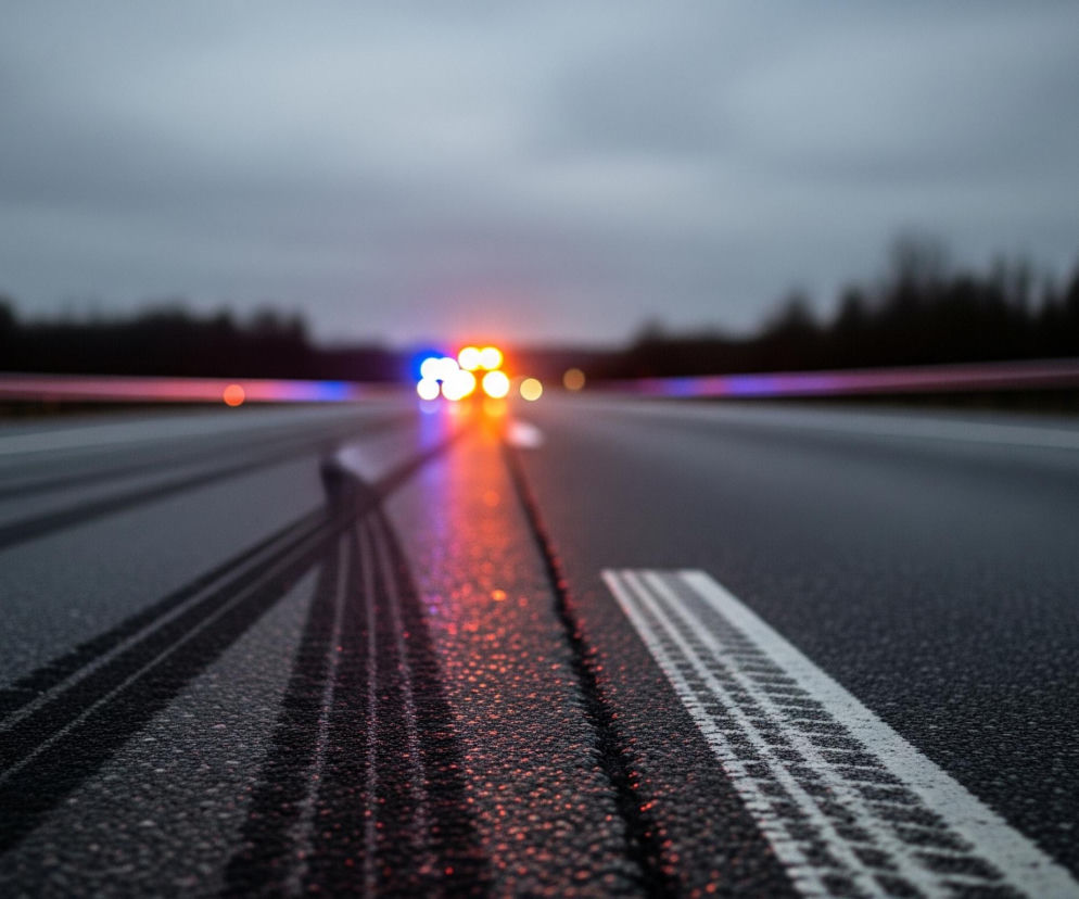 Długa droga biegnie przez środek kadru, widoczna w perspektywie, z gładką, ciemną nawierzchnią, na której widnieją liczne białe kropki. Odblaski pomarańczowych i niebieskich świateł odbijają się na mokrym asfalcie, tworząc pasy świetlne. Z boku drogi widoczny jest długi, biały pasek, a obok niego ciemniejsze, nierównomierne ślady. W oddali, na horyzoncie, rozmyte sylwetki drzew na tle zachmurzonego, szarego nieba, a w centralnym punkcie, rozmyte, intensywnie świecące światła w kolorach pomarańczowym i niebieskim.