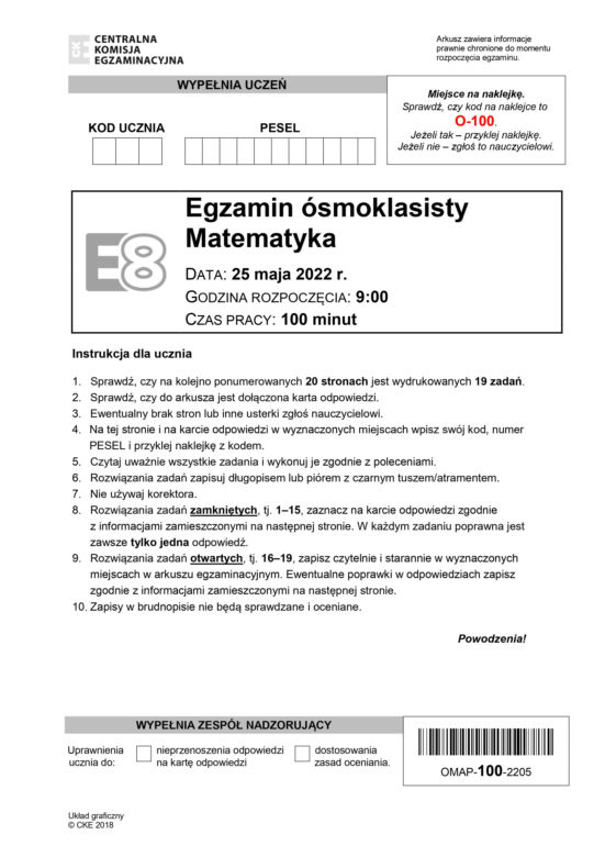Egzamin ósmoklasisty 2022: Matematyka. ARKUSZ CKE i ODPOWIEDZI [25.05.2022]