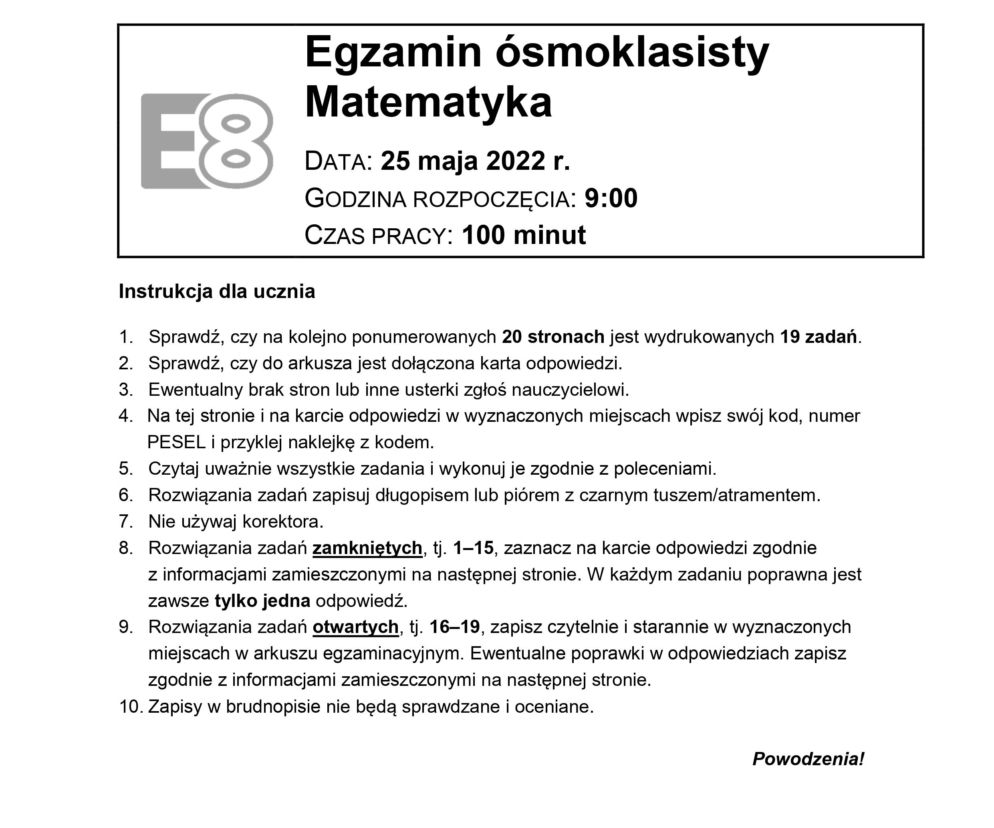 Egzamin ósmoklasisty 2022: Matematyka. ARKUSZ CKE i ODPOWIEDZI [25.05.2022]