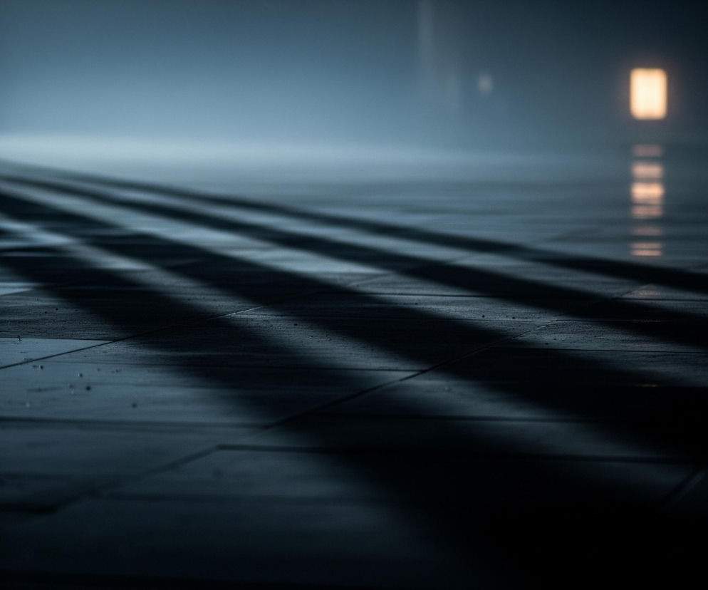 Kadr przedstawia ciemne, lekko wilgotne, kafelkowane podłoże z rzędami długich, równoległych cieni, które rozciągają się od lewej strony w głąb obrazu. Cienie te są częściowo odbite na błyszczącej powierzchni, która w oddali przechodzi w zamglony, jasnoszary obszar. W prawym górnym rogu widoczne jest prostokątne, pomarańczowo-żółte światło, którego blask odbija się również w postaci pionowych pasów na podłodze. Kolorystyka obrazu jest zdominowana przez odcienie granatu, szarości i czerni, z kontrastującym akcentem jasnego światła.