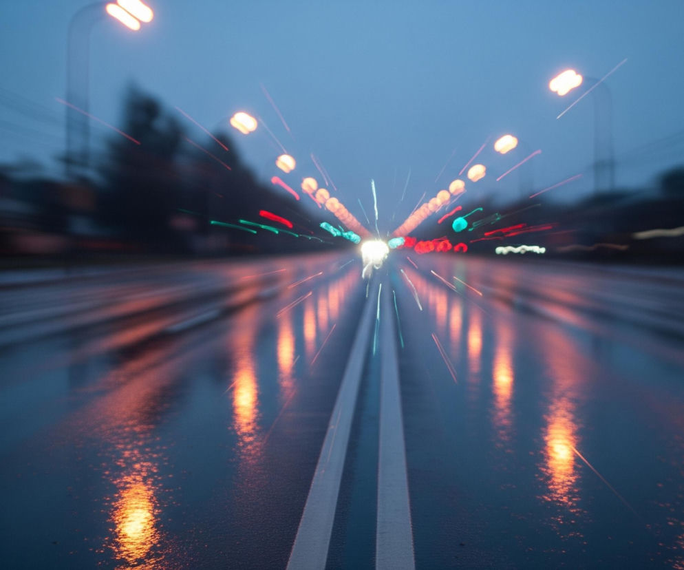 Mokra droga rozciąga się w głąb obrazu, podzielona na dwie jezdnie podwójną białą linią ciągłą, biegnącą od dołu środka ku horyzontowi. Na błękitno-szarym tle nieba widać zamazane światła uliczne, pomarańczowo-żółte oraz czerwone i zielone światła samochodów, tworzące rozmazane smugi w kierunku punktu zbiegu. Asfalt odbija światła, tworząc podłużne, świetliste refleksy w intensywnych barwach pomarańczy i czerwieni, z drobnymi rozbłyskami na powierzchni. Cała scena jest rozmyta, co sugeruje ruch i dużą prędkość.