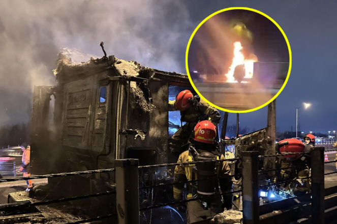 Potężny pożar ciężarówki. 22 strażaków na miejscu, policja musiała zablokować most