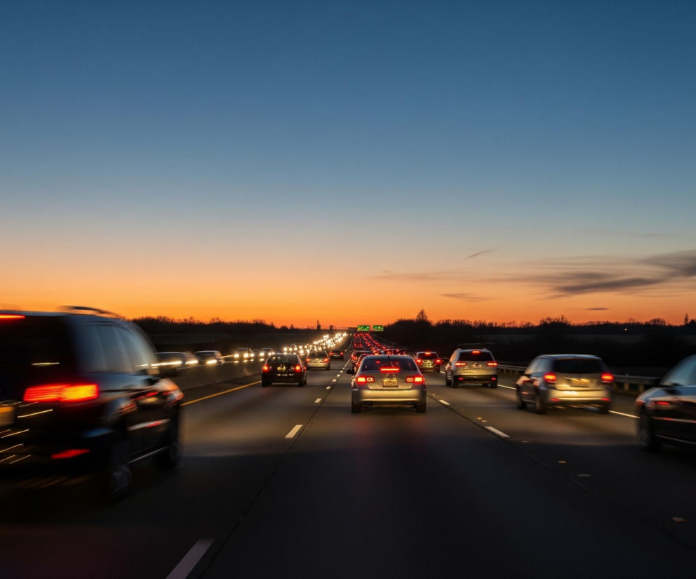 Droga szybkiego ruchu z wieloma samochodami poruszającymi się w tym samym kierunku, o zmierzchu lub świcie. Niebo w górnej części jest granatowe, przechodzące w pomarańczowy odcień tuż nad horyzontem. Przedni plan zajmuje ciemny asfalt z białymi przerywanymi liniami pasów ruchu i ciągłą żółtą linią z lewej strony. Po lewej i prawej stronie drogi widoczne są zarysy drzew i krzewów, a w oddali na horyzoncie horyzontem, na horyzoncie widać światła kolejnych samochodów tworzących ciągłą, czerwoną smugę.