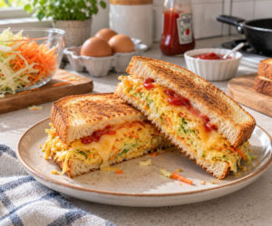 Kapustę i marchew mieszam z jajkiem i smażę jak gruby omlet. Koreańczycy wkładają go między tosty