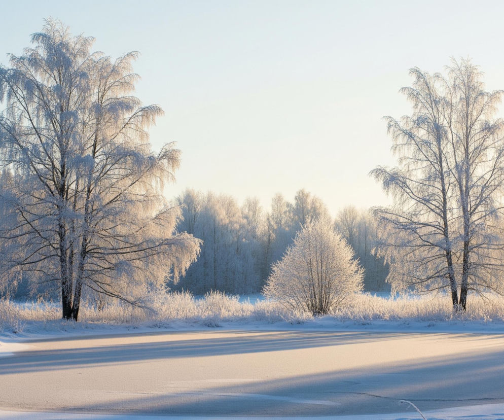 Zimowy pejzaż prezentuje zamarznięty zbiornik wodny w centrum kadru, pokryty śniegiem i lodem, z długimi, niebieskawymi cieniami drzew. Brzegi zbiornika są obficie pokryte świeżym śniegiem i szronem, z widocznymi kępami traw i krzewów, które również są oszronione. Dwa duże, oszronione drzewa, prawdopodobnie brzozy, dominują po lewej i prawej stronie środkowego planu, ich gałęzie zwisają pod ciężarem szronu. W tle rozciąga się pas gęstego lasu, którego drzewa także są pokryte szronem, tworząc białą mgiełkę. Całość oświetla ciepłe, niskie słońce, nadając bieli szronu złocisty odcień, a niebo jest jasnoniebieskie, rozjaśniające się ku horyzontowi.