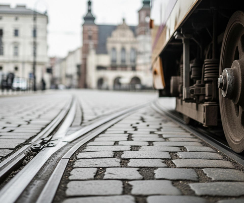 Koło tramwaju na kamiennej kostce brukowej w Krakowie, rozwidlenie torów, w tle zabytkowe kamienice. Zdjęcie ilustruje problemy finansowe Krakowa, o których przeczytasz na portalu Super Biznes.